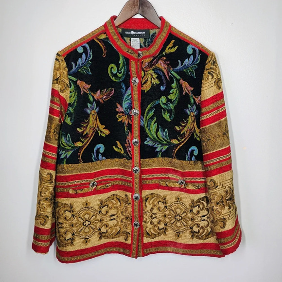 Vintage Sag Harbor Gold Red Tapestry Artsy Boho Button Up Jacket Size 12 Petite - Picture 12 of 12